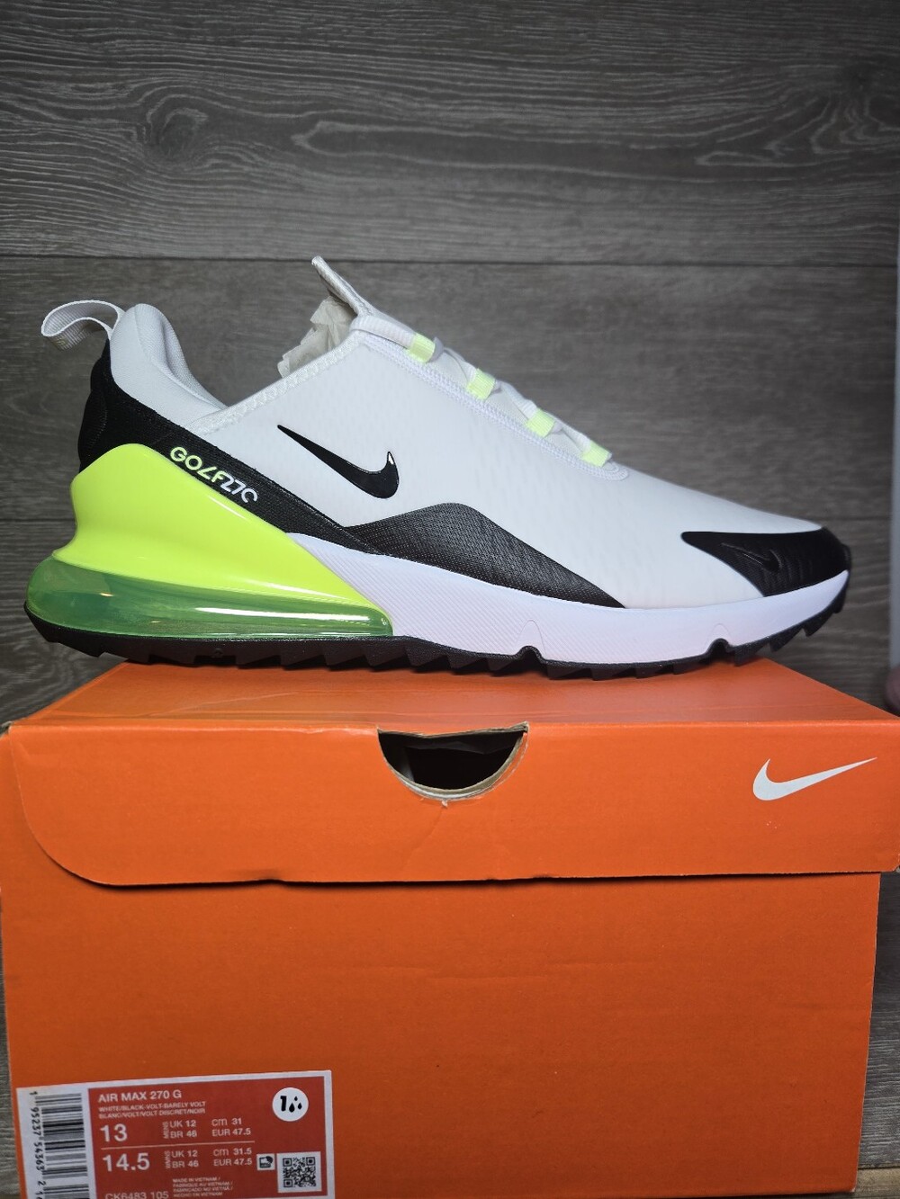 Nike Golf Shoes Air Max 270 Spikeless White / Black / Volt CK6483 105 Mens 13